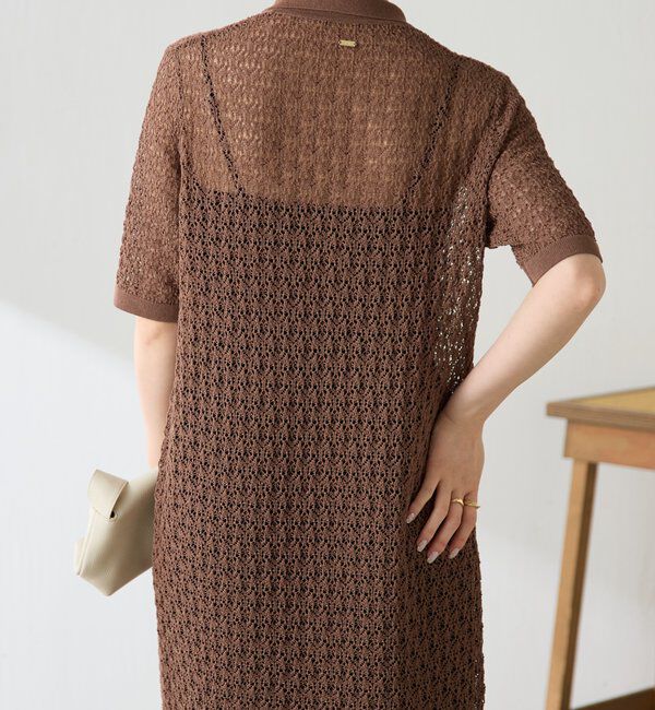  「【二の腕カバー】透かし編ニットポロワンピース」|ワンピース|