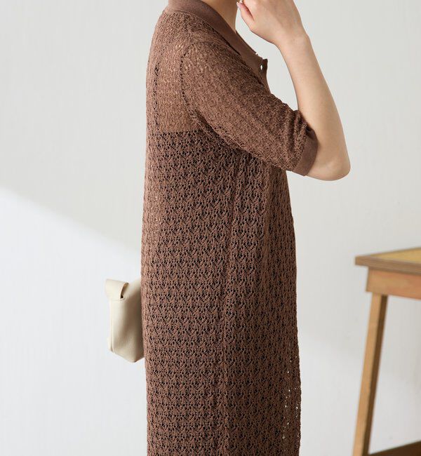  「【二の腕カバー】透かし編ニットポロワンピース」|ワンピース|