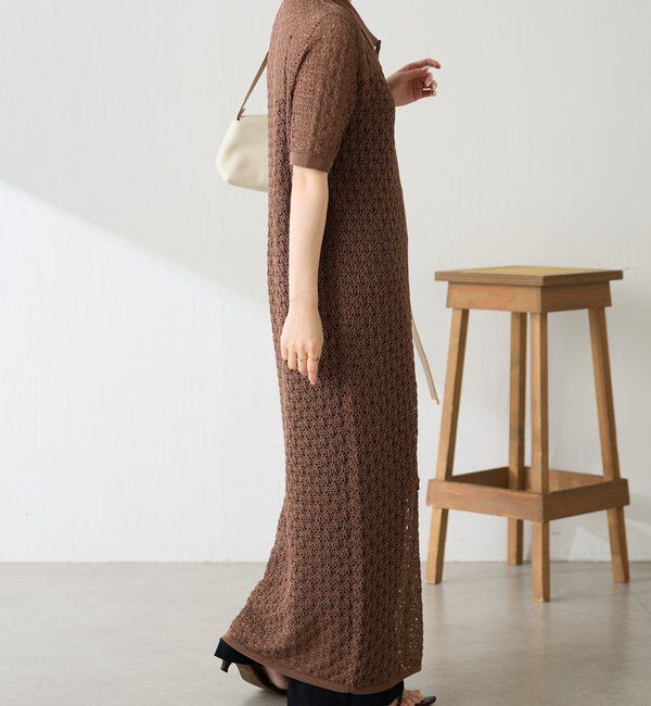  「【二の腕カバー】透かし編ニットポロワンピース」|ワンピース|