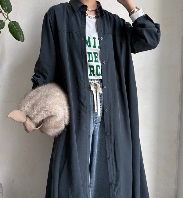  「リヨセルツイルロングシャツワンピース」|ワンピース|チャコールグレー