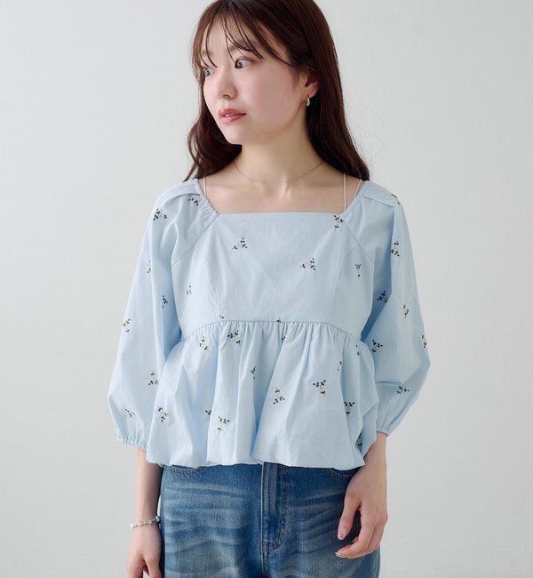  「【花柄&無地】フラワーバルーンブラウス」|シャツ・ブラウス|スカイブルー
