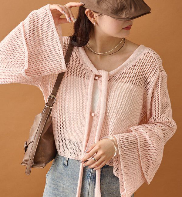  「フリルスリーブメッシュカーデ」|カーディガン|ピンク