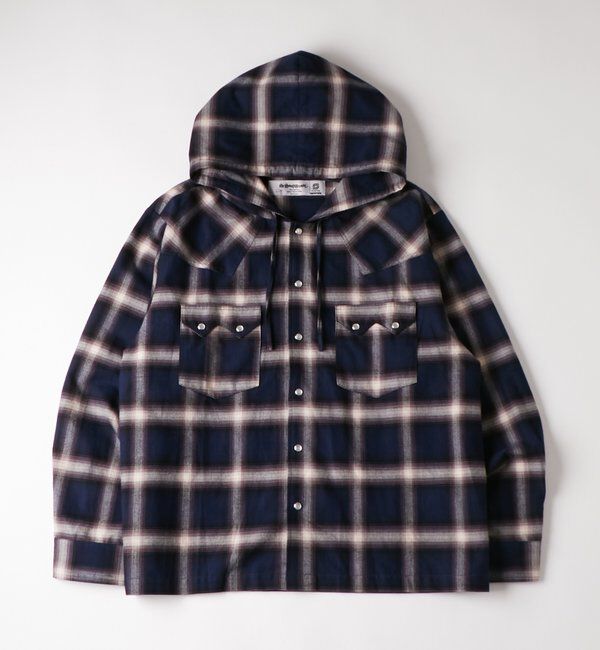  「【UNISEX】Sourcreamウエスタンオンブレチェックフードシャツ」|シャツ・ブラウス|ネイビー