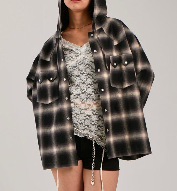  「【UNISEX】Sourcreamウエスタンオンブレチェックフードシャツ」|シャツ・ブラウス|