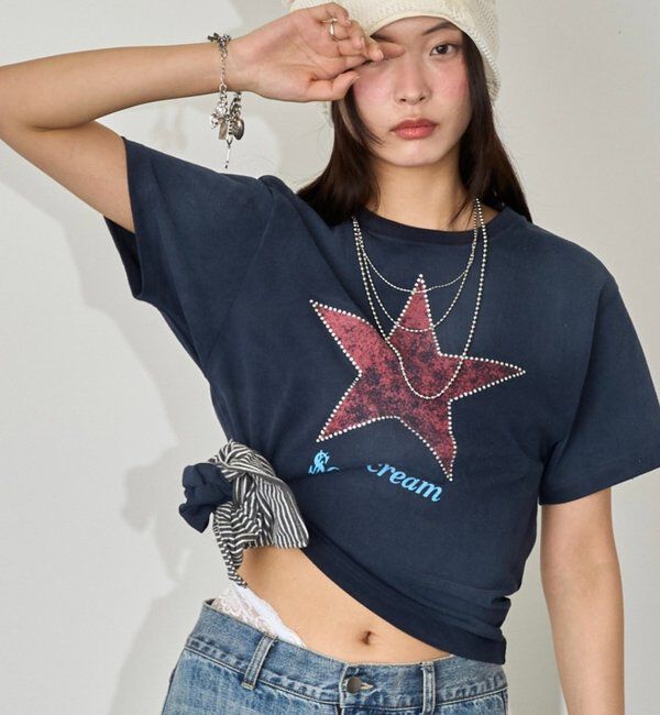  「【UNISEX】SourcreamラインストーンスターグラフィックTEE」|Tシャツ・カットソー|ネイビー