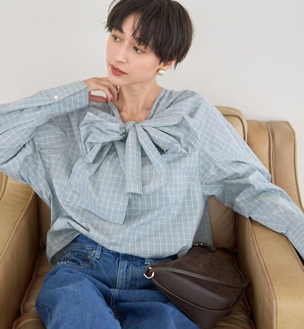 Rouge vif「コットンチェックリボンブラウス」|シャツ・ブラウス|グリーン系その他1