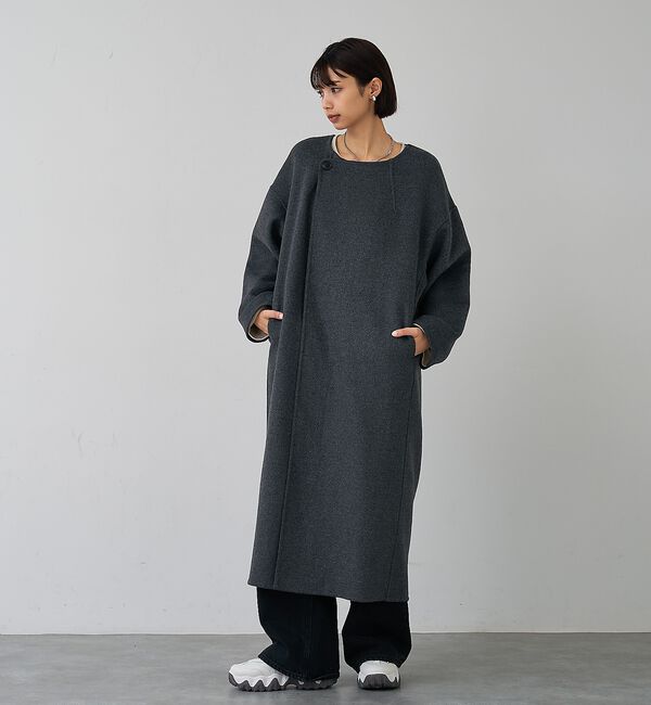 abahouse mavie「【体型カバー】ノーカラーロングコート/冬服/長袖/フォーマル/セミオケ/ウール混」|ノーカラーコート|