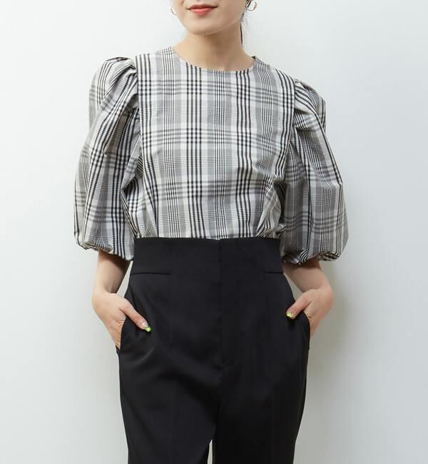 TIARA「タックショルダーボリュームスリーブリボンブラウス」|シャツ・ブラウス|格子柄