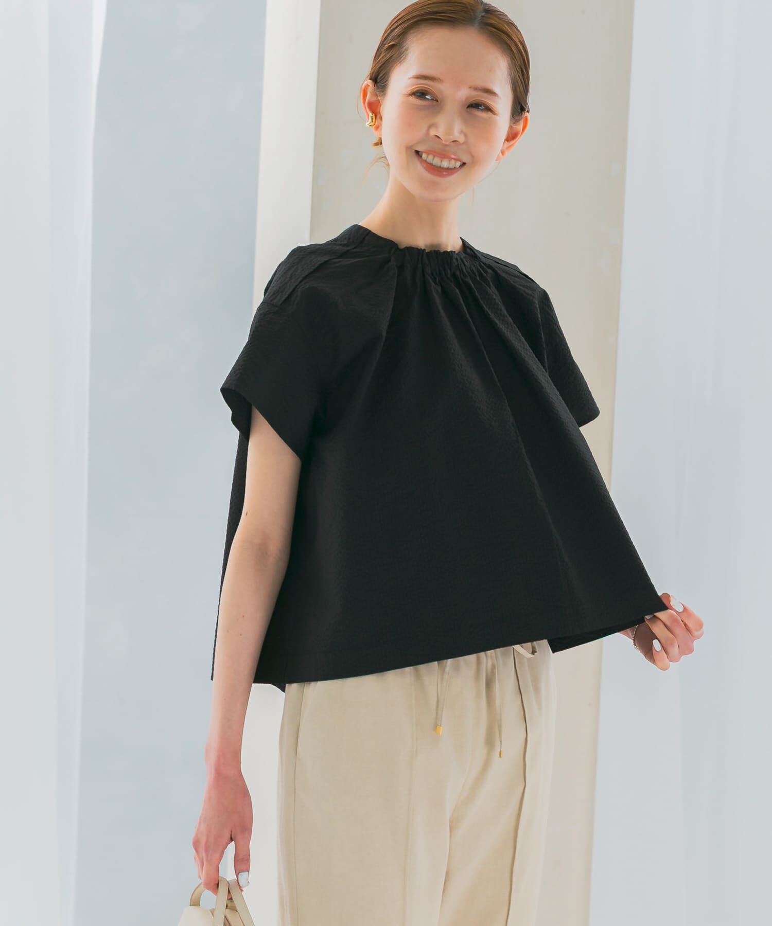 URBAN RESEARCH ROSSO「シアサッカーショートギャザーブラウス」|シャツ・ブラウス|