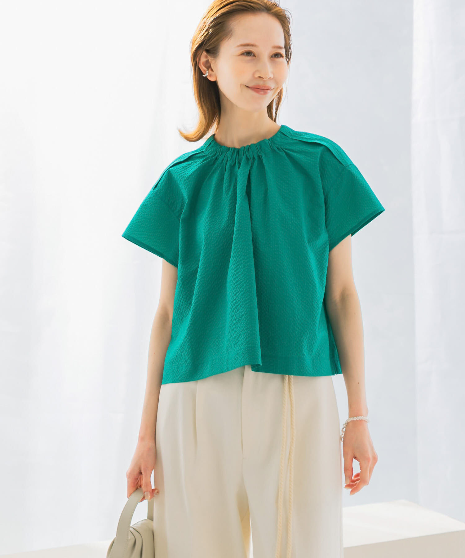 URBAN RESEARCH ROSSO「シアサッカーショートギャザーブラウス」|シャツ・ブラウス|