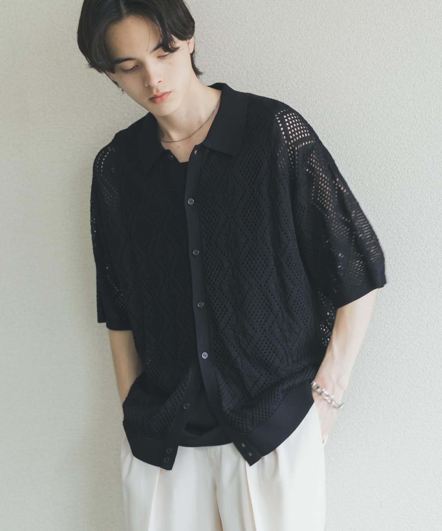 SENSE OF PLACE by URBAN RESEARCH「ドライタッチメッシュシャツカーディガン」|カーディガン|ブラック