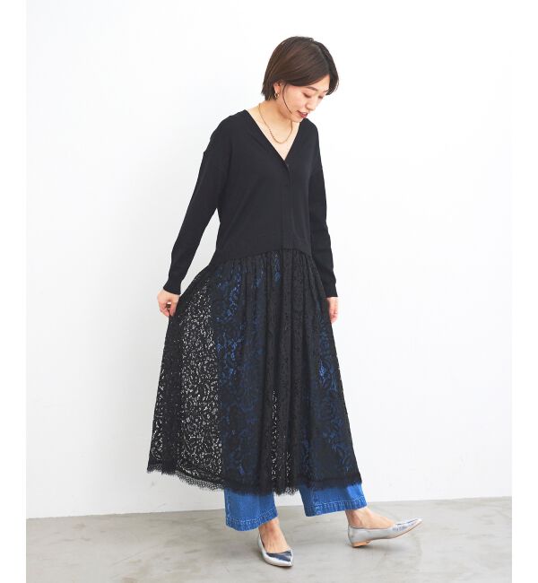 le.coeur blanc「《手洗い可能》TORRAZZO DONNA ニット&times;レース ロングカーデ」|カーディガン|