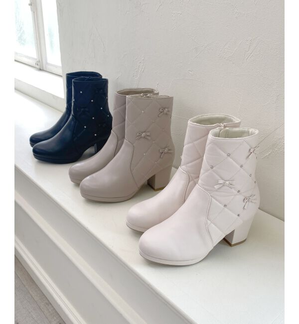  「キルティングビジューリボンブーツ」|ショートブーツ|