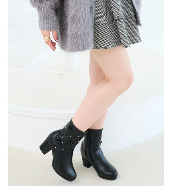  「キルティングビジューリボンブーツ」|ショートブーツ|