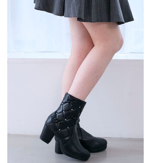  「キルティングビジューリボンブーツ」|ショートブーツ|