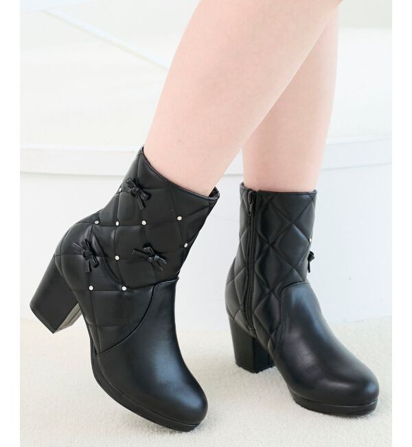  「キルティングビジューリボンブーツ」|ショートブーツ|