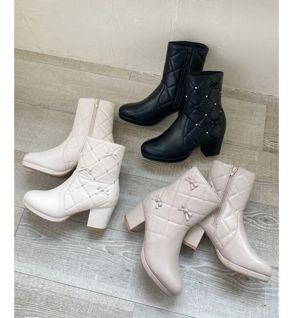 「キルティングビジューリボンブーツ」|ショートブーツ|