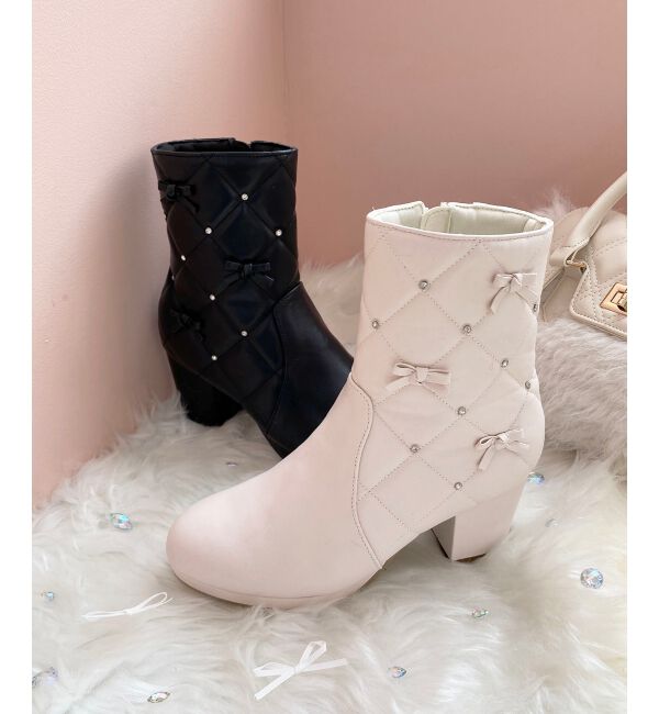  「キルティングビジューリボンブーツ」|ショートブーツ|