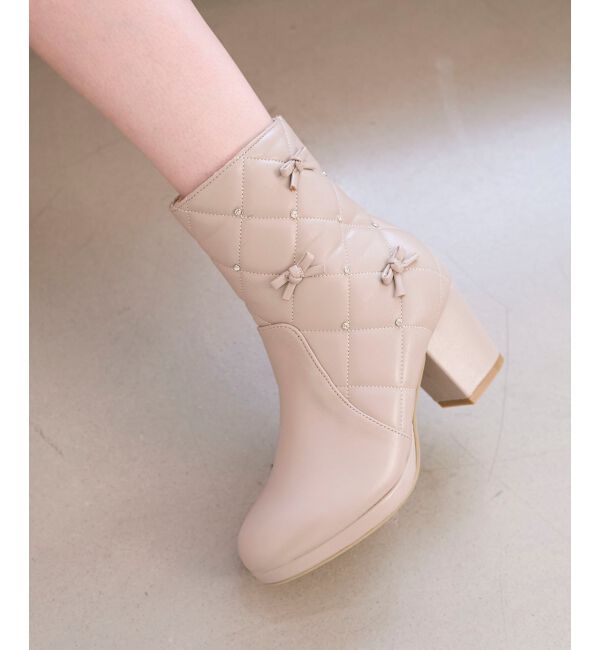  「キルティングビジューリボンブーツ」|ショートブーツ|