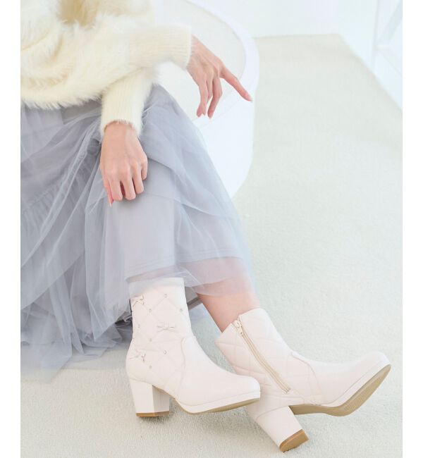  「キルティングビジューリボンブーツ」|ショートブーツ|