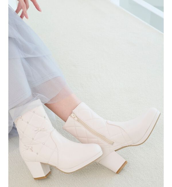  「キルティングビジューリボンブーツ」|ショートブーツ|