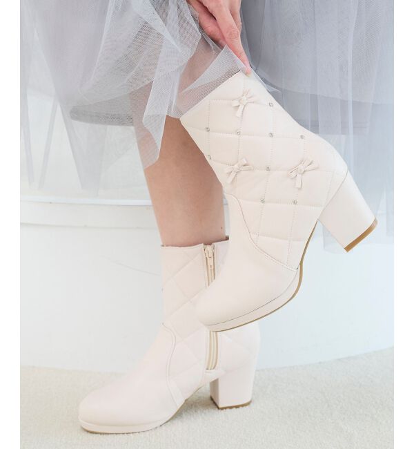  「キルティングビジューリボンブーツ」|ショートブーツ|