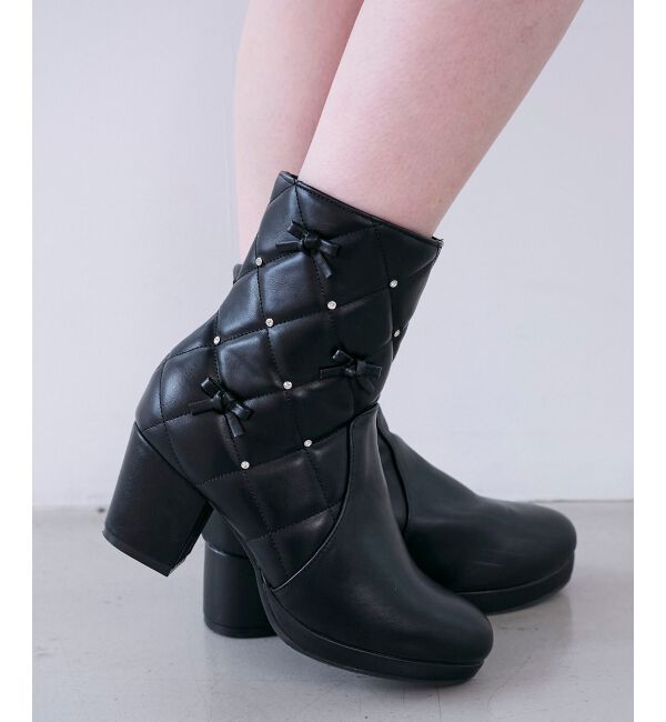  「キルティングビジューリボンブーツ」|ショートブーツ|ブラック