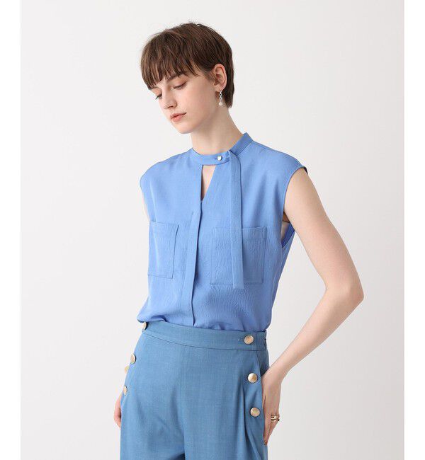 allureville「ブライトツイルアシメボウノースリブラウス」|シャツ・ブラウス|ブルー