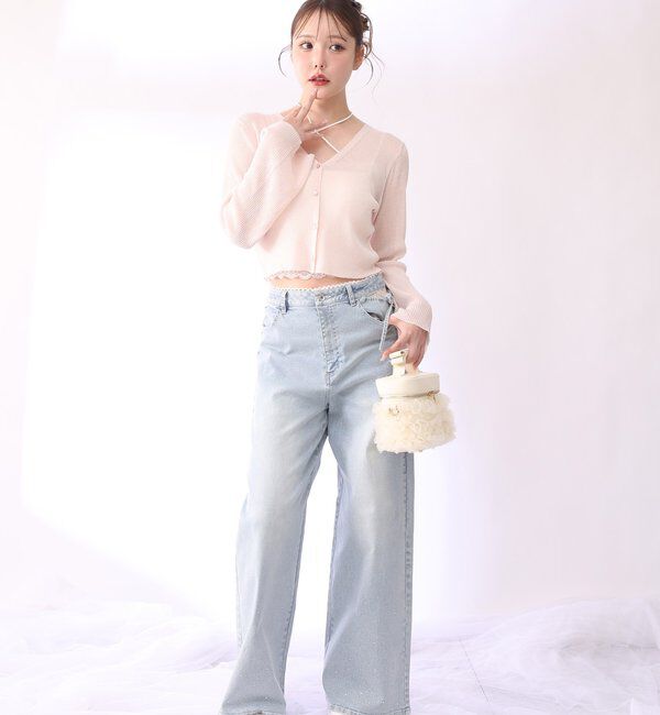  「【XSサイズあり・ウエストサイズ調整可】サイドカットレースビジューワイドデニム」|その他|