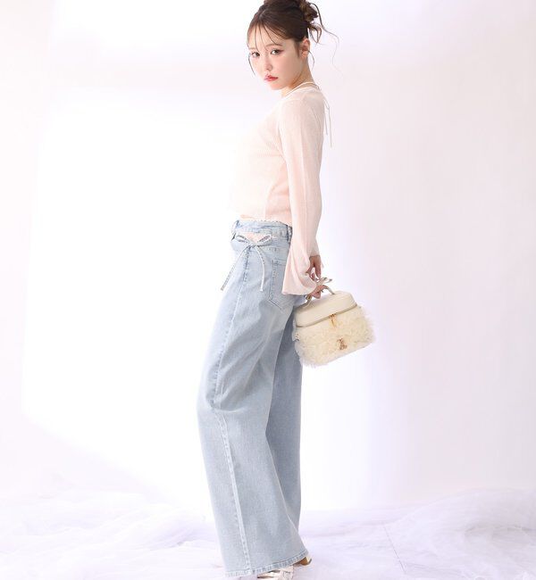  「【XSサイズあり・ウエストサイズ調整可】サイドカットレースビジューワイドデニム」|その他|