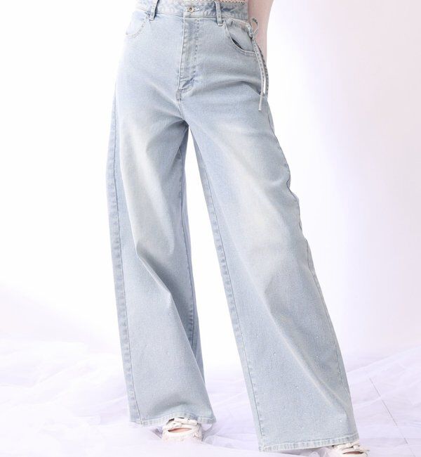  「【XSサイズあり・ウエストサイズ調整可】サイドカットレースビジューワイドデニム」|その他|