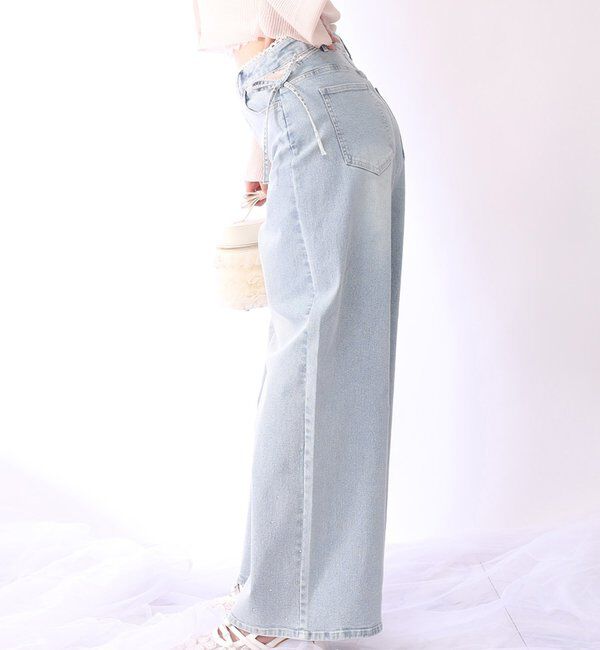  「【XSサイズあり・ウエストサイズ調整可】サイドカットレースビジューワイドデニム」|その他|