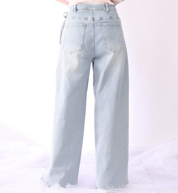  「【XSサイズあり・ウエストサイズ調整可】サイドカットレースビジューワイドデニム」|その他|