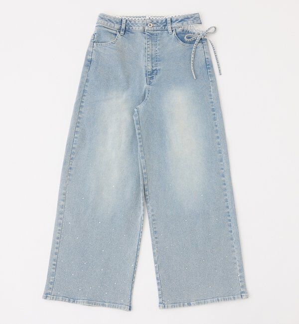  「【XSサイズあり・ウエストサイズ調整可】サイドカットレースビジューワイドデニム」|その他|ブルー