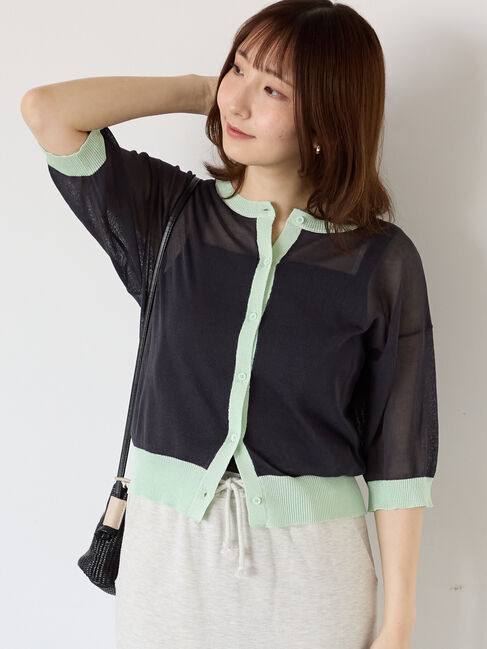 Te chichi TERRASSE「バイカラーシアー5分袖カーディガン」|カーディガン|チャコールグレー