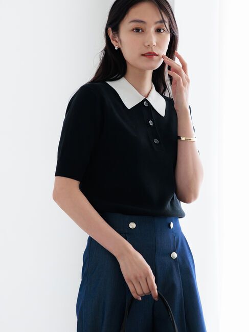 Te chichi「【調温】ハーフスリーブニットポロ」|ニット・セーター|ブラック