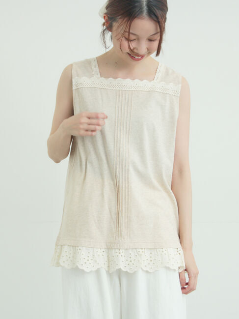 Samansa Mos2「【接触冷感】スクエアネックレースノースリーブ」|Tシャツ・カットソー|ベージュ