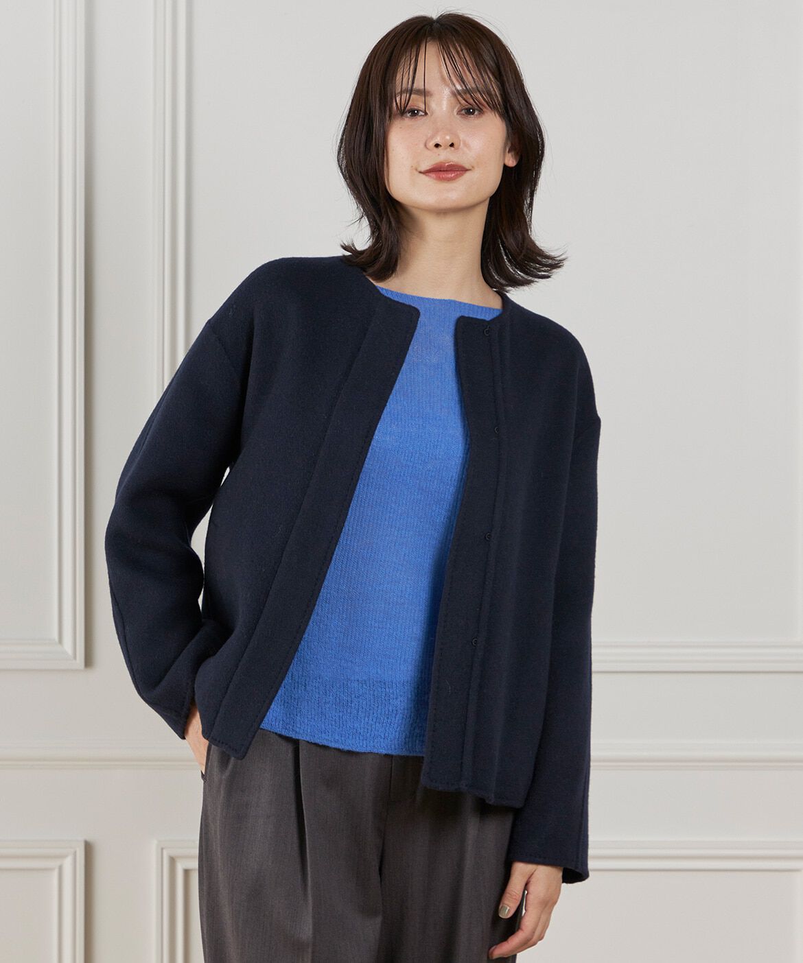 INED「ノーカラーショートコート」|ピーコート|