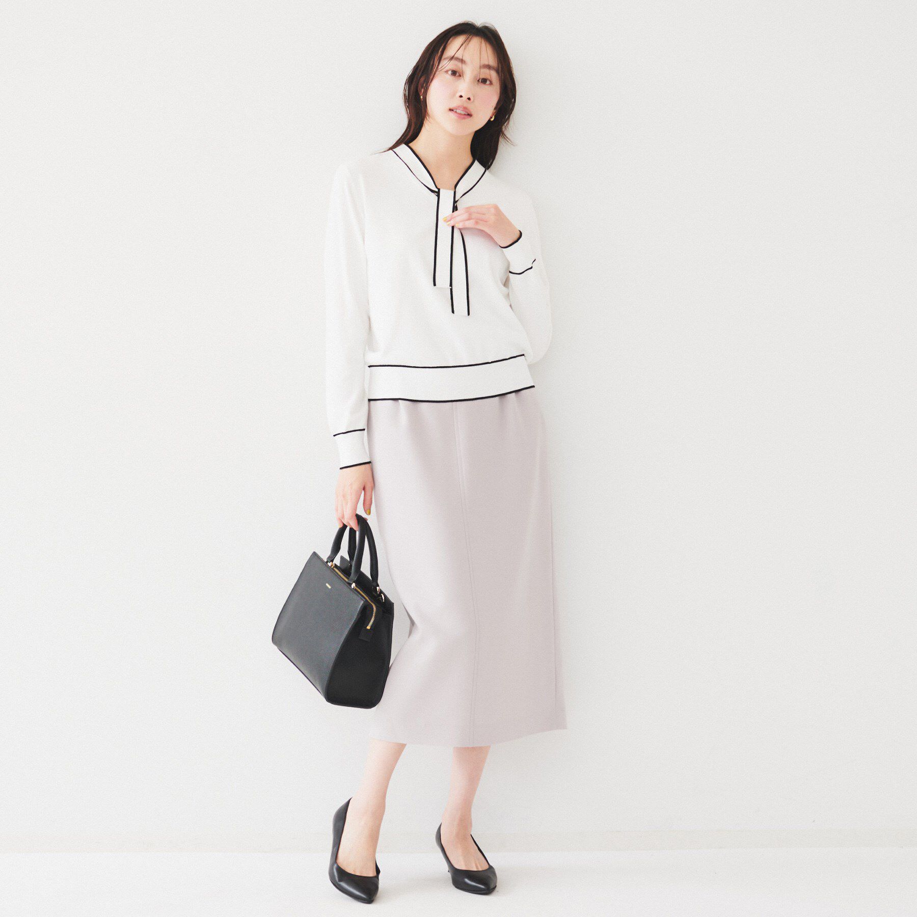 UNTITLED「【アンサンブル可能】ボウタイ 配色プルオーバーニット」|ニット・セーター|