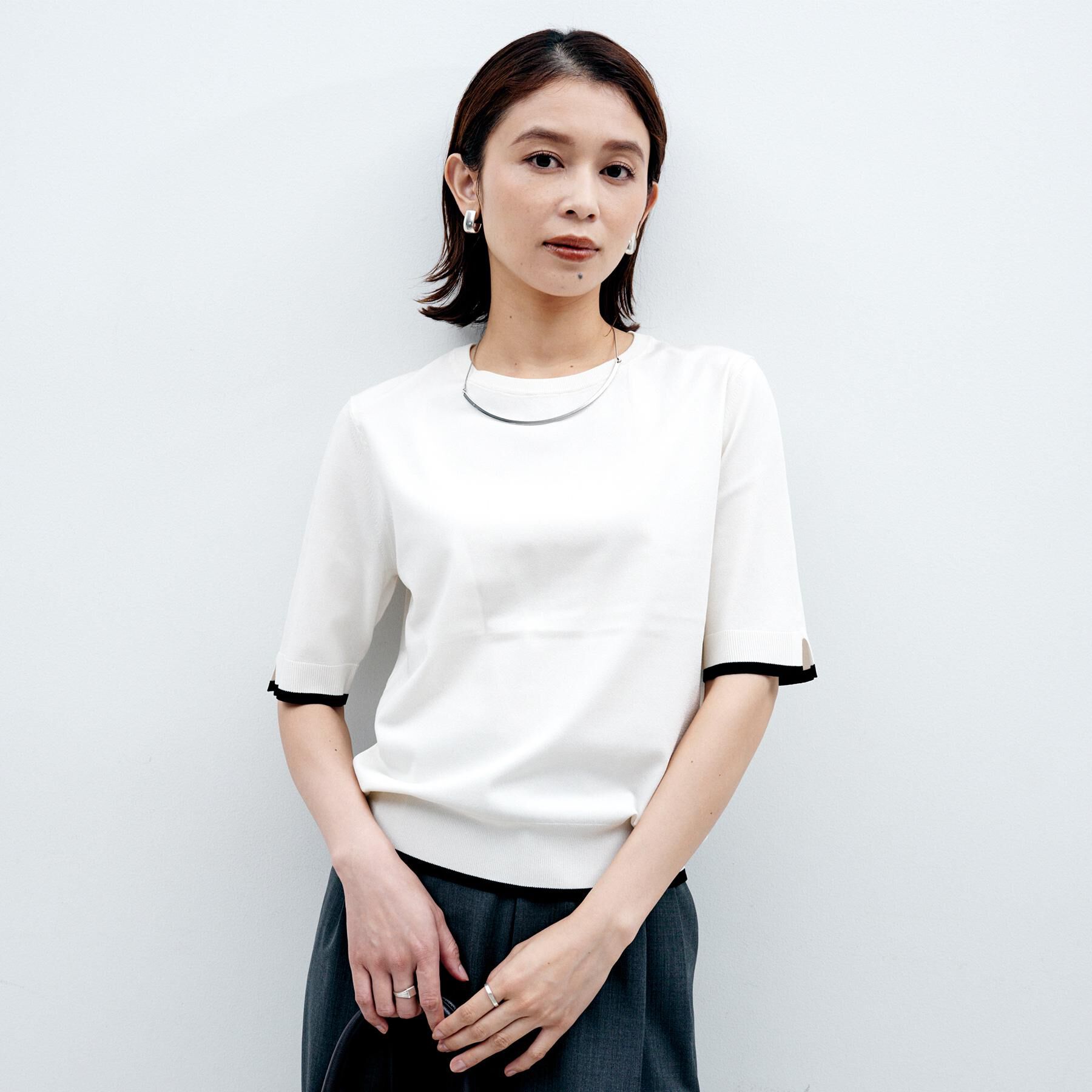 UNTITLED「【アンサンブル可/薄手/洗える】5分袖クルーニット」|ニット・セーター|アイボリー(504)