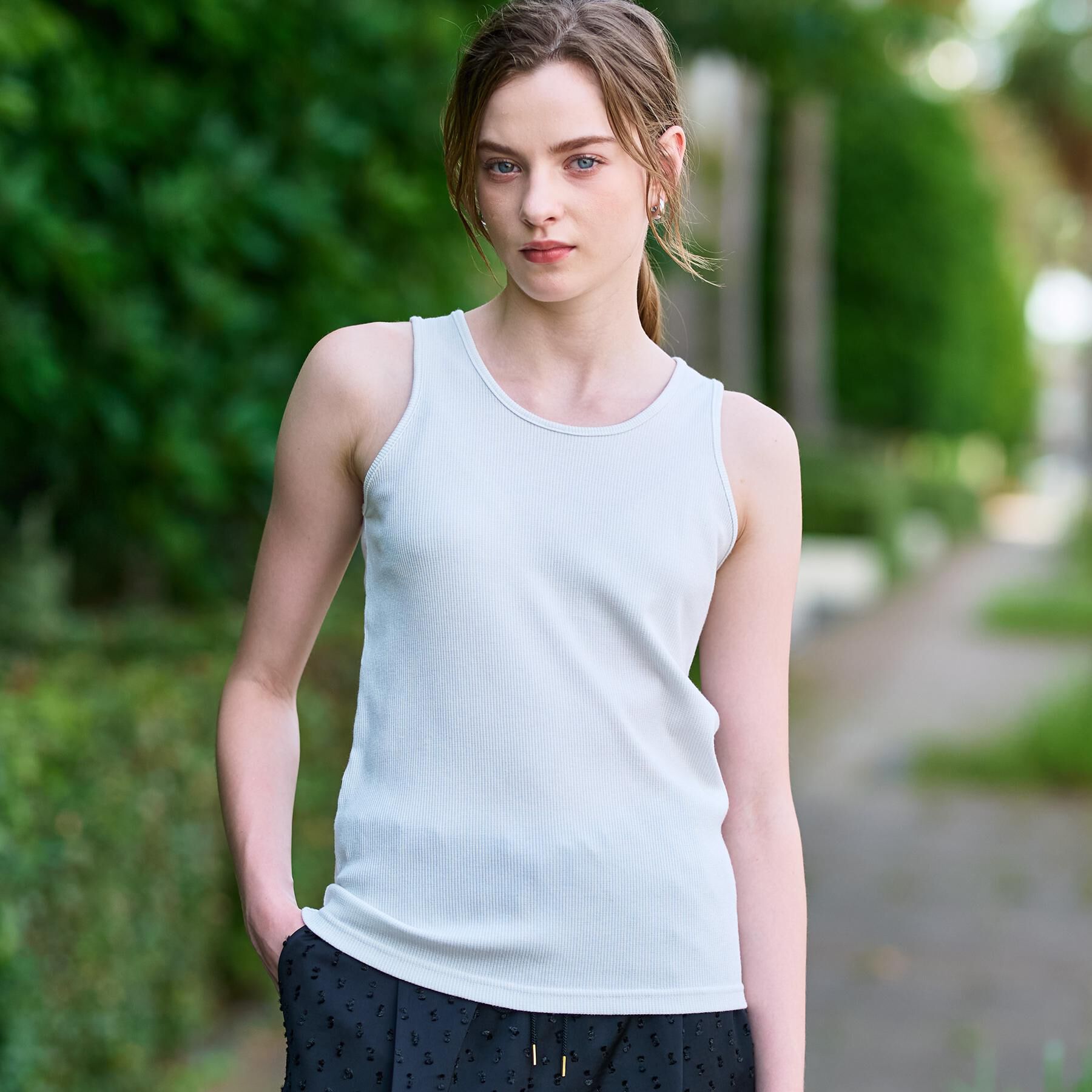 DRESSTERIOR「ラメテレコレギュラータンクトップ」|キャミソール|オフホワイト(003