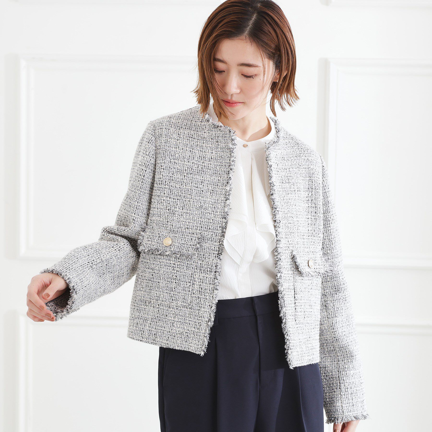 grove「【ハレの日・通勤】着回しできる上品ツイードジャケット」|ノーカラージャケット|