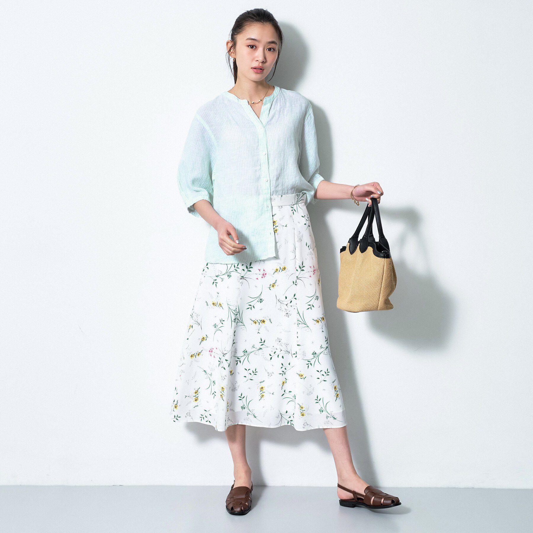 INDIVI「【毎年人気！／フレンチリネン】5分袖バンドカラーブラウス」|シャツ・ブラウス|