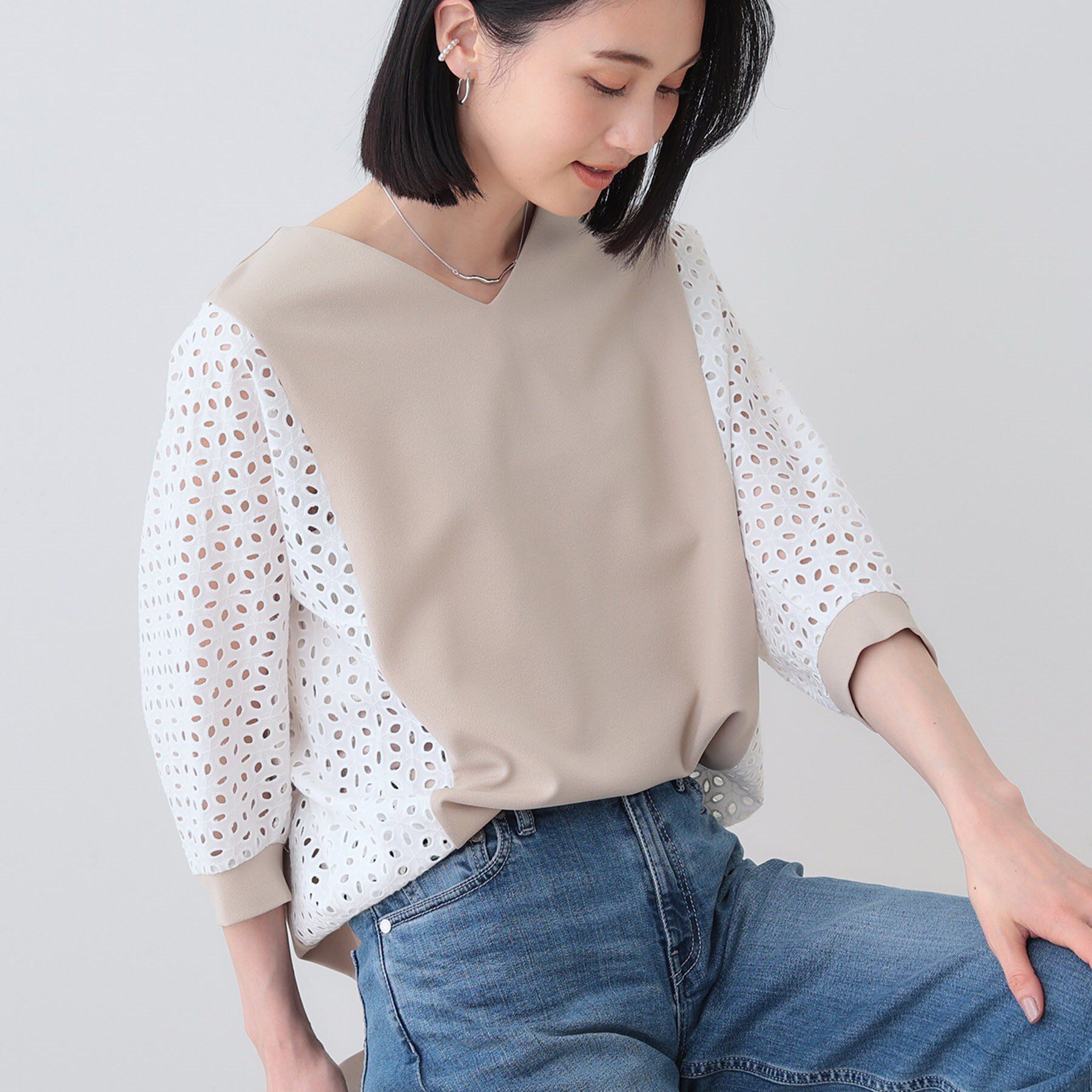 INDIVI「【洗える／体型カバー】レースコンビトップス」|Tシャツ・カットソー|ベージュ(052)