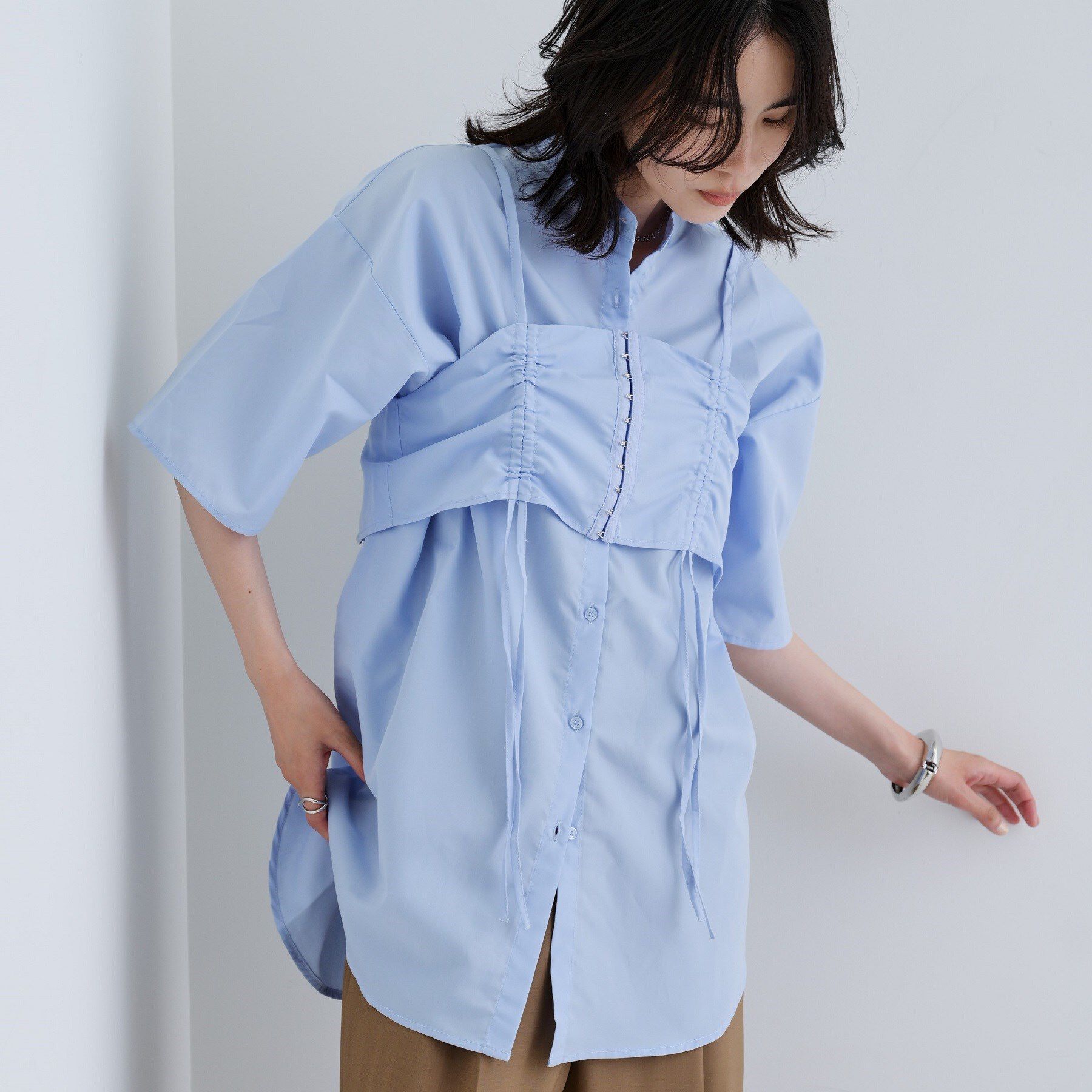 GALLEST「【一部店舗限定】ベアトップ付き半袖ワイドシャツ」|シャツ・ブラウス|ブルー(091)