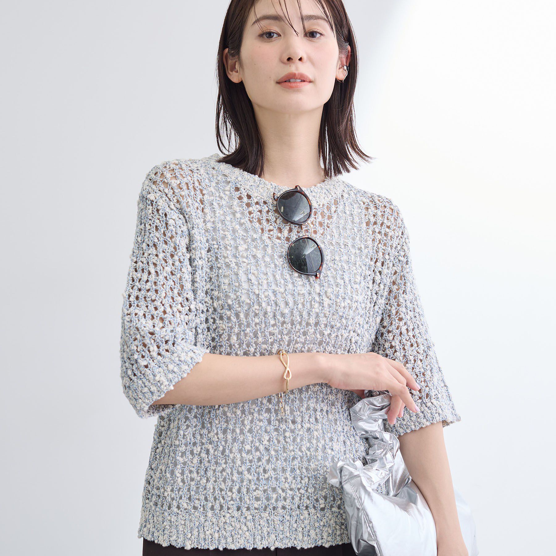 INDIVI「【洗える／ラメ混／5分袖】イタリア糸ファンシーヤーンニット」|ニット・セーター|ブルー(491)