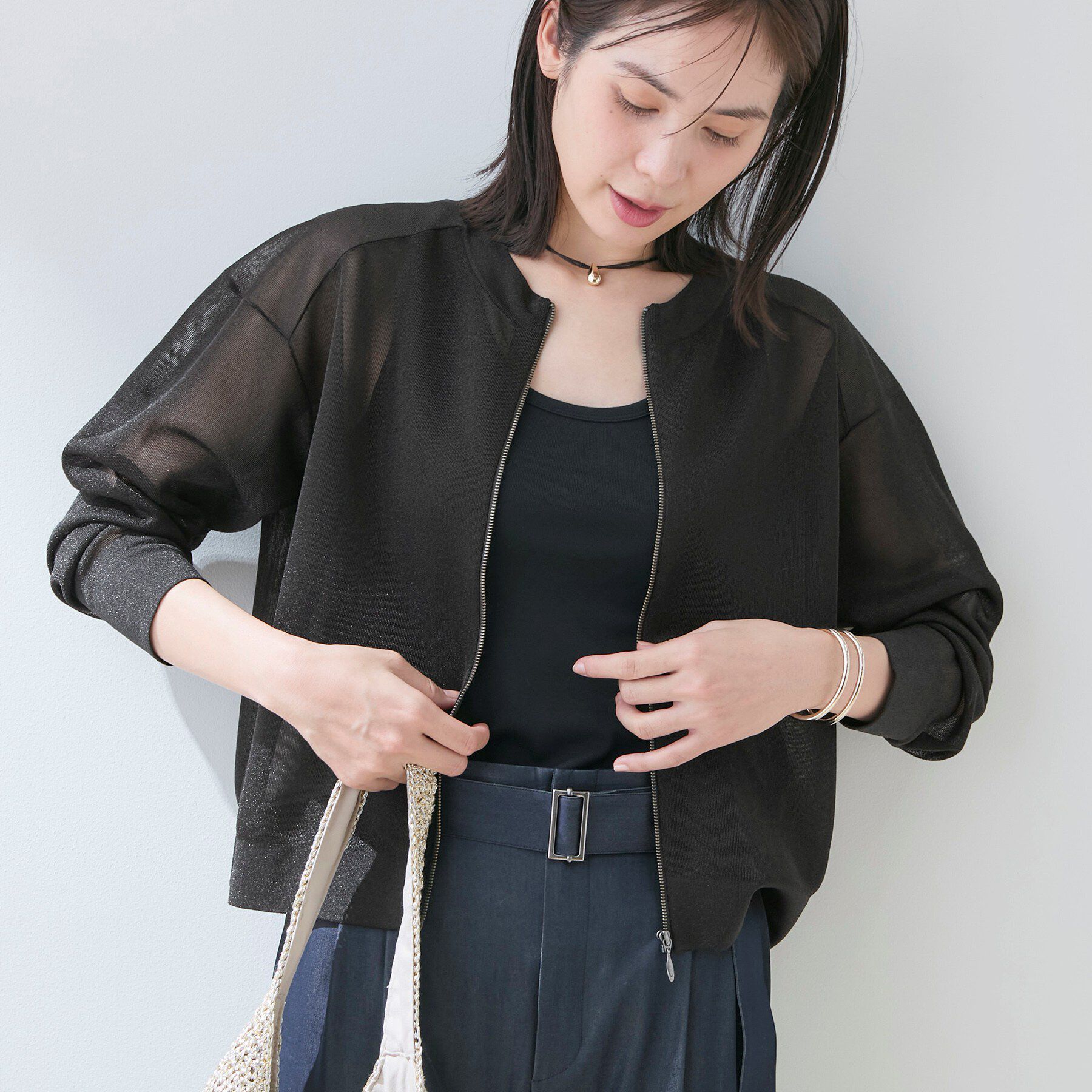 INDIVI「【洗える／シアーラメ】ブルゾン風ジップアップニットカーディガン」|カーディガン|