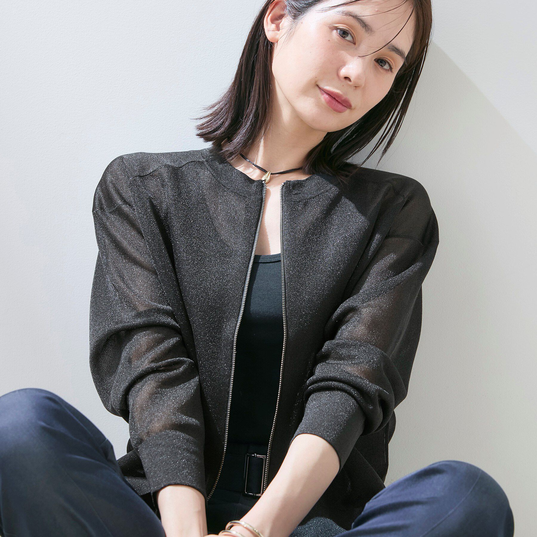 INDIVI「【洗える／シアーラメ】ブルゾン風ジップアップニットカーディガン」|カーディガン|ブラック(019)