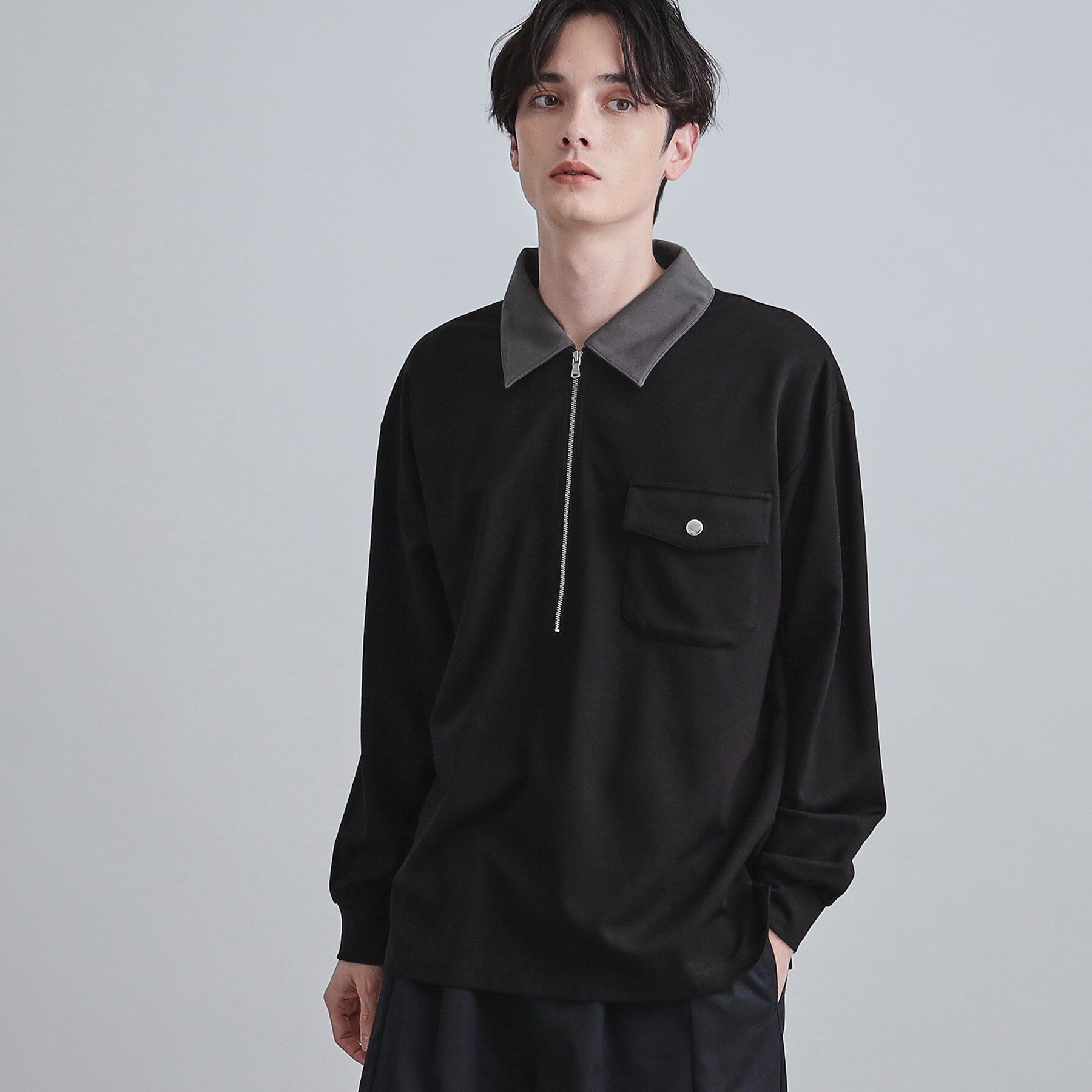 tk.TAKEO KIKUCHI「ハードポンチクレリックハーフジップカットソー/ポケット/襟配色/バイカラー」|Tシャツ・カットソー|