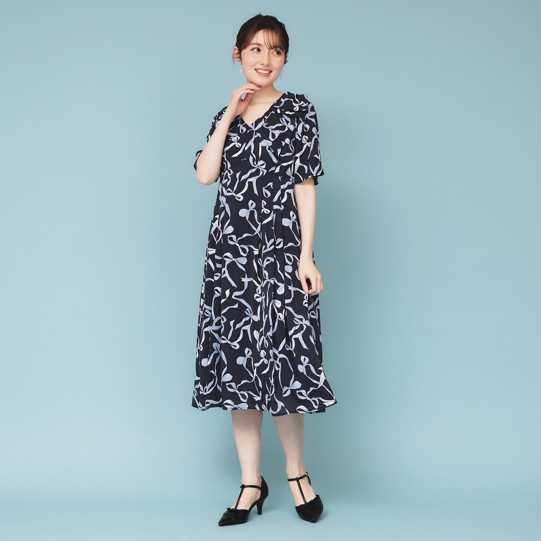 index「《美人百花掲載》リボン柄タックスリーブワンピース【洗濯機洗い可/イージーアイロン】」|ワンピース|